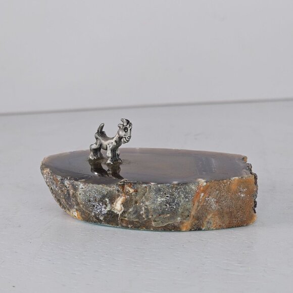 Agate Slice With Tiny Pewter Billy Goat Figurine - Picture 3 of 8